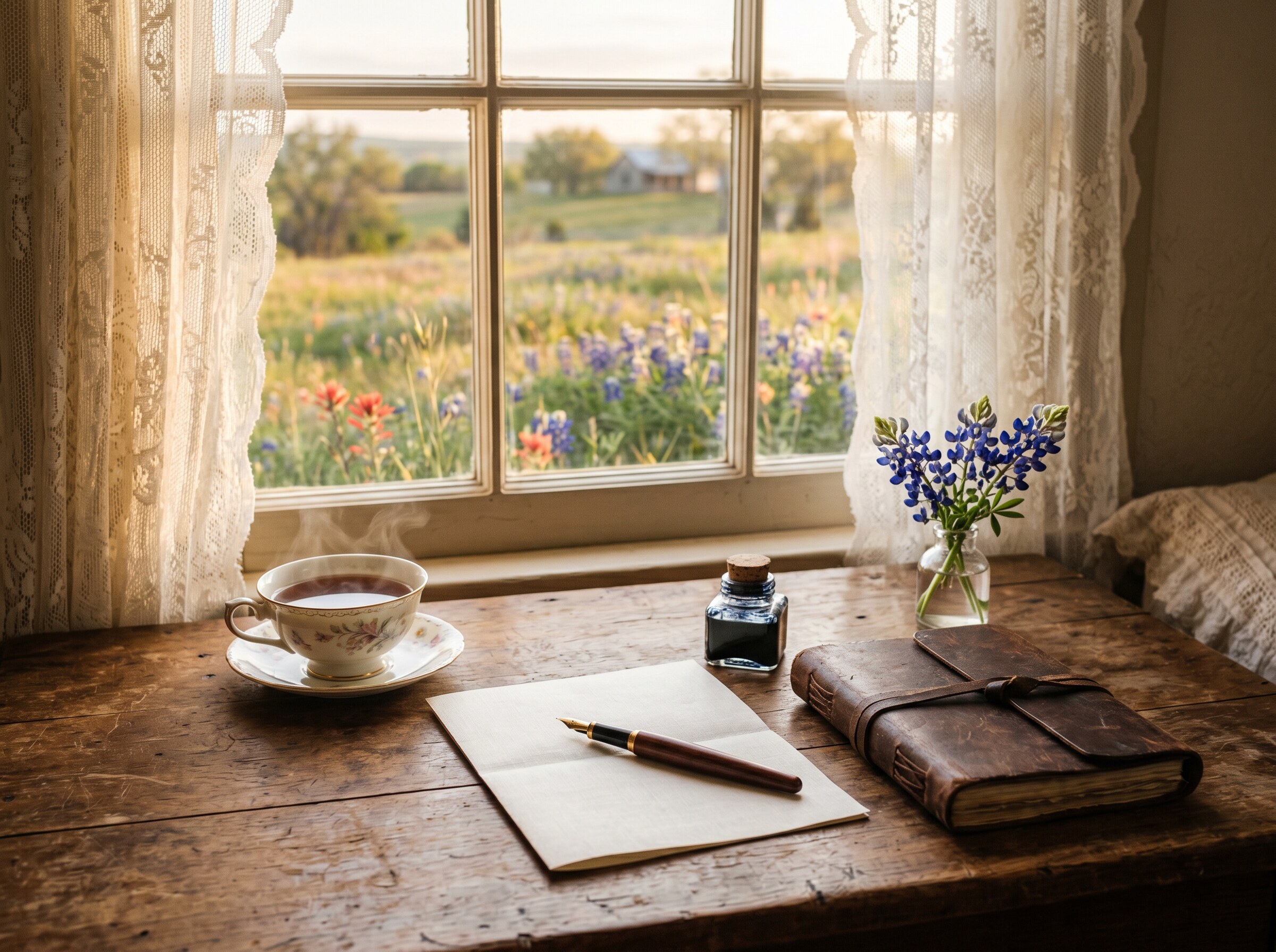 A handwritten letter and a teacup on a sunlit windowsill