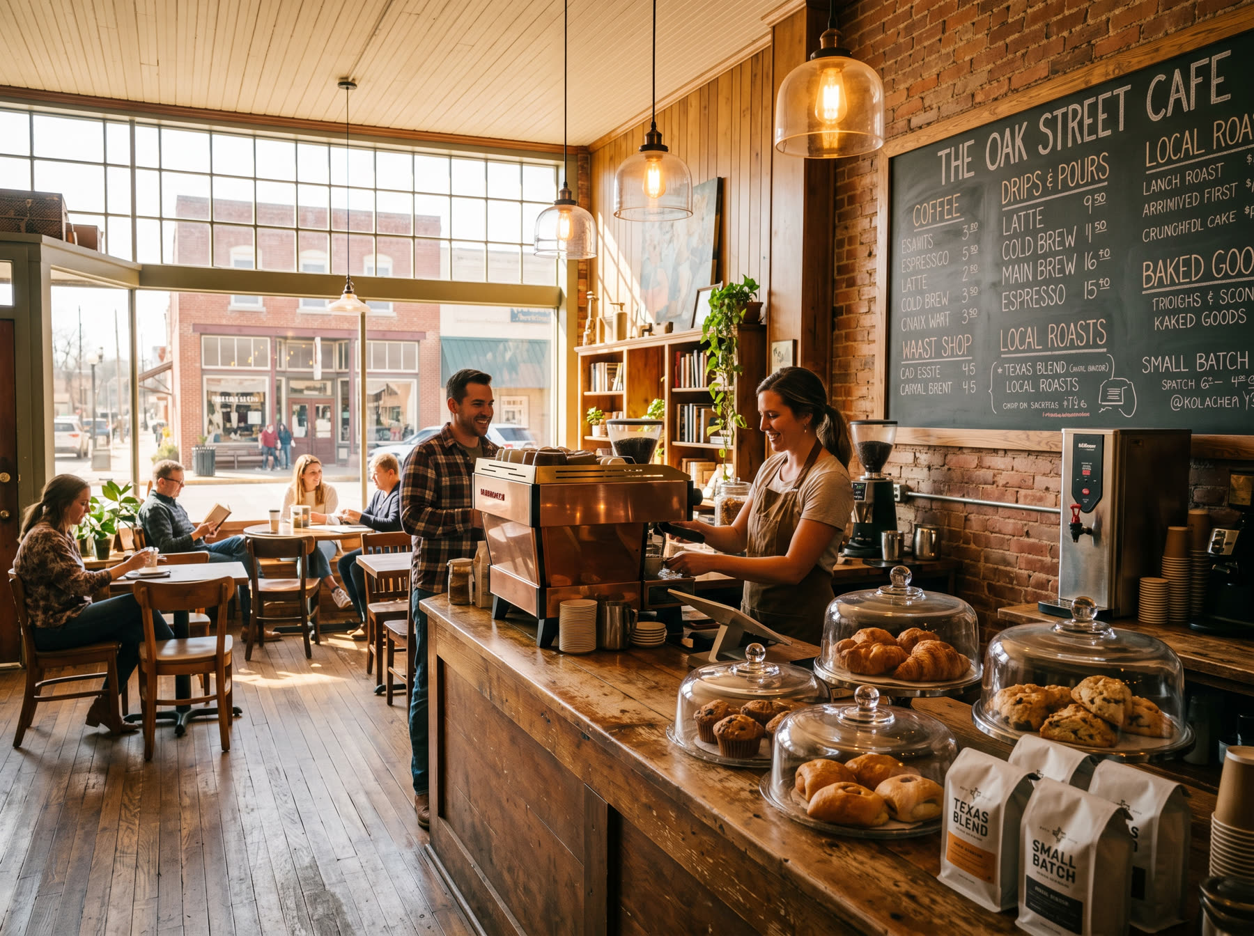 Warm local coffee shop with pastries and pendant lights