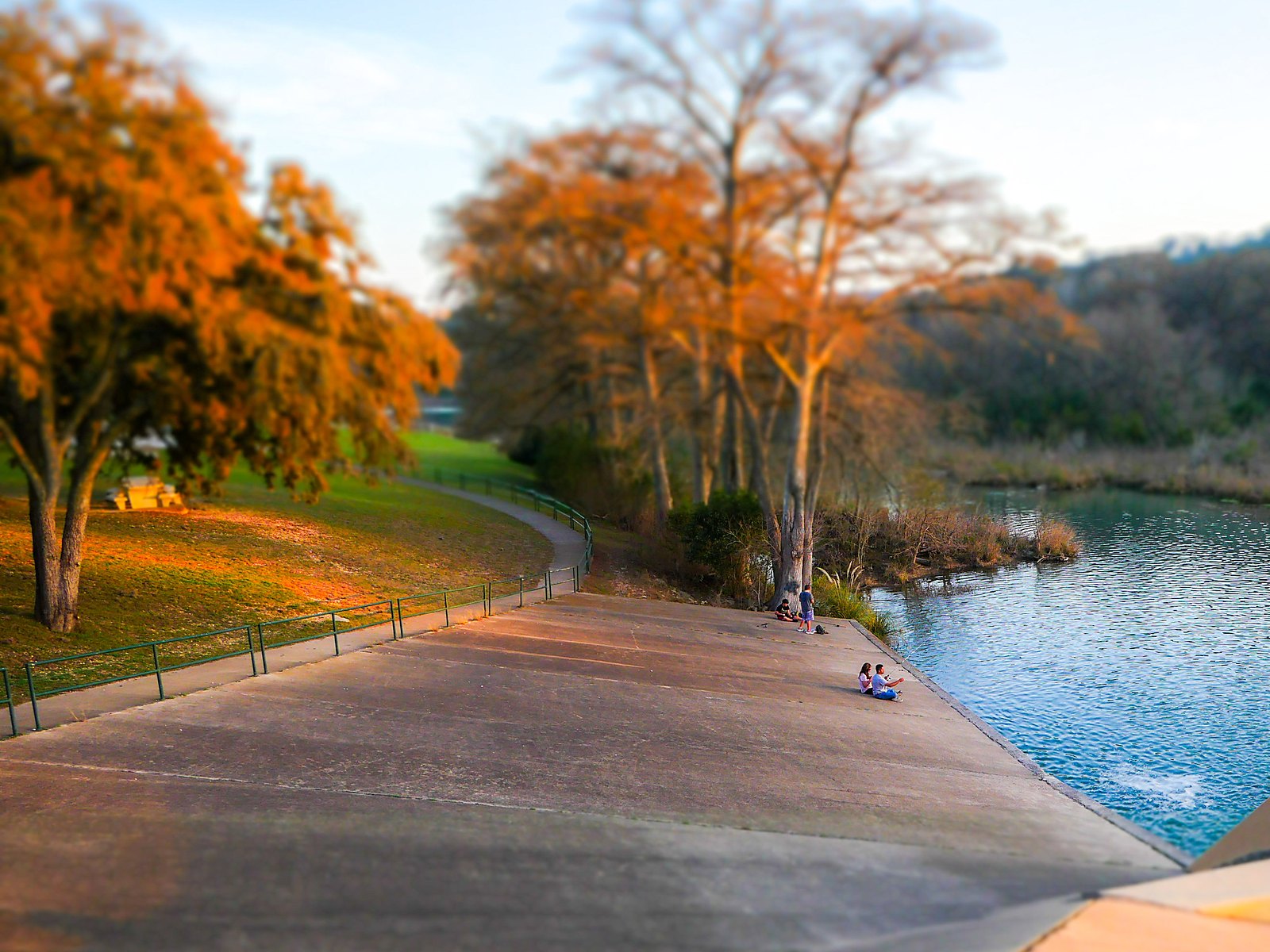 Kerrville riverfront at sunset with string lights