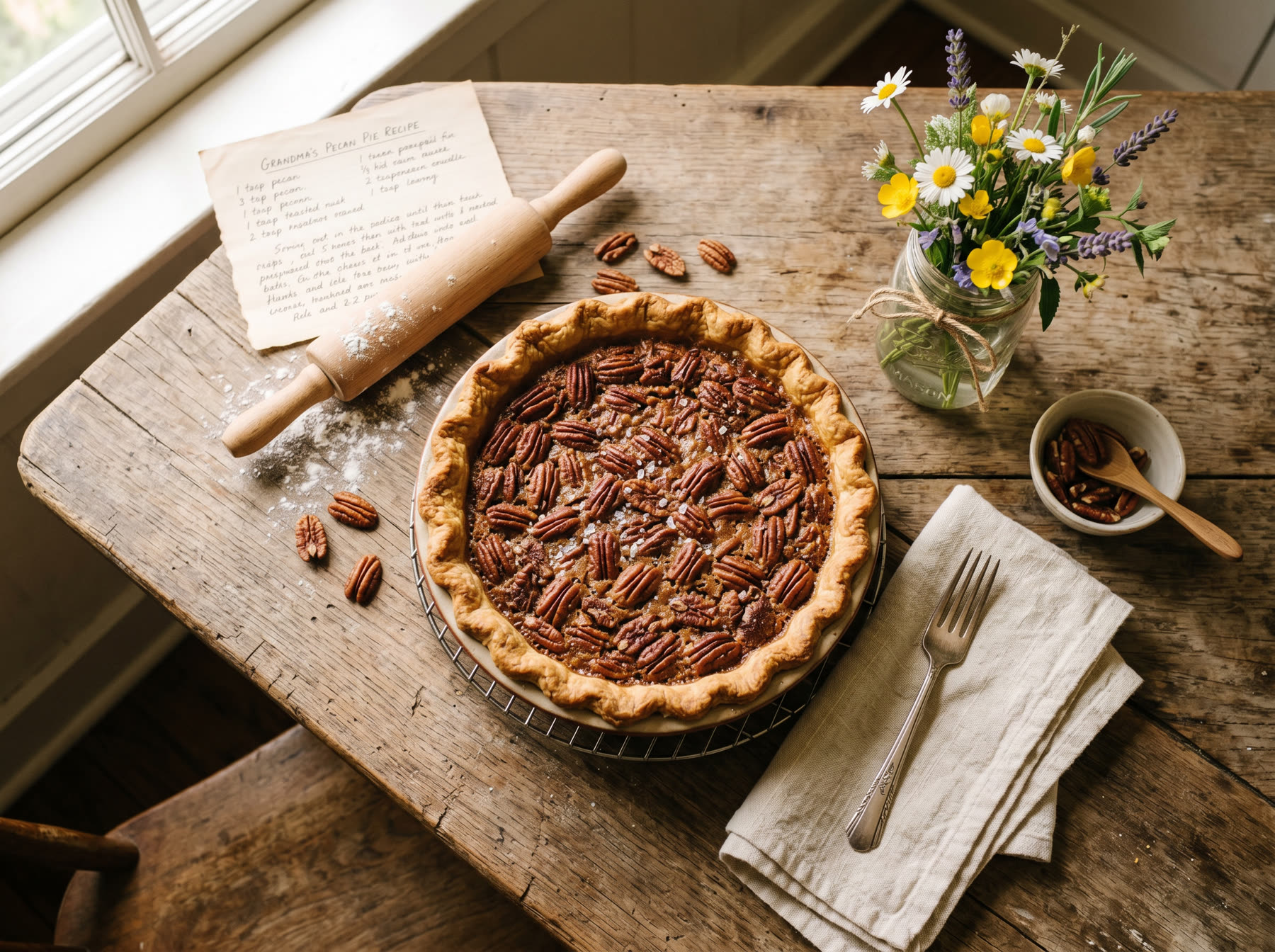 Rustic homemade pecan pie with handwritten recipe